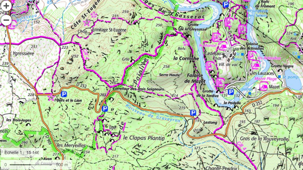 bois de païolive carte Bois de Païolive carte IGN avec sentiers de randonnée, balades faciles, parkings et points de vue sur les gorges du Chassezac