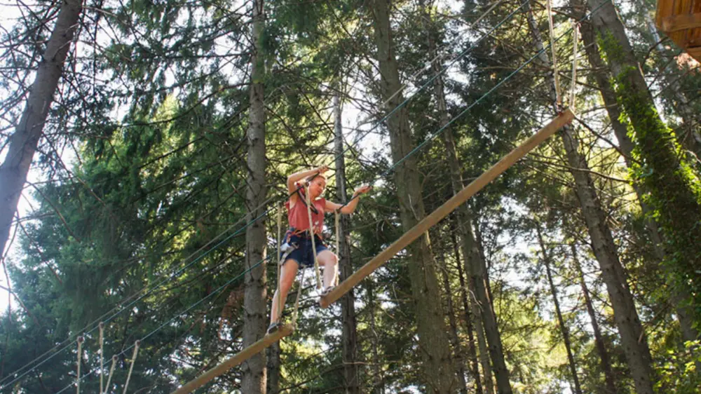 Équilibre et sensations fortes en hauteur Personne en harnais traversant un pont suspendu entre les arbres dans un parcours d'accrobranche du parc Accroche Toi Aux Branches.